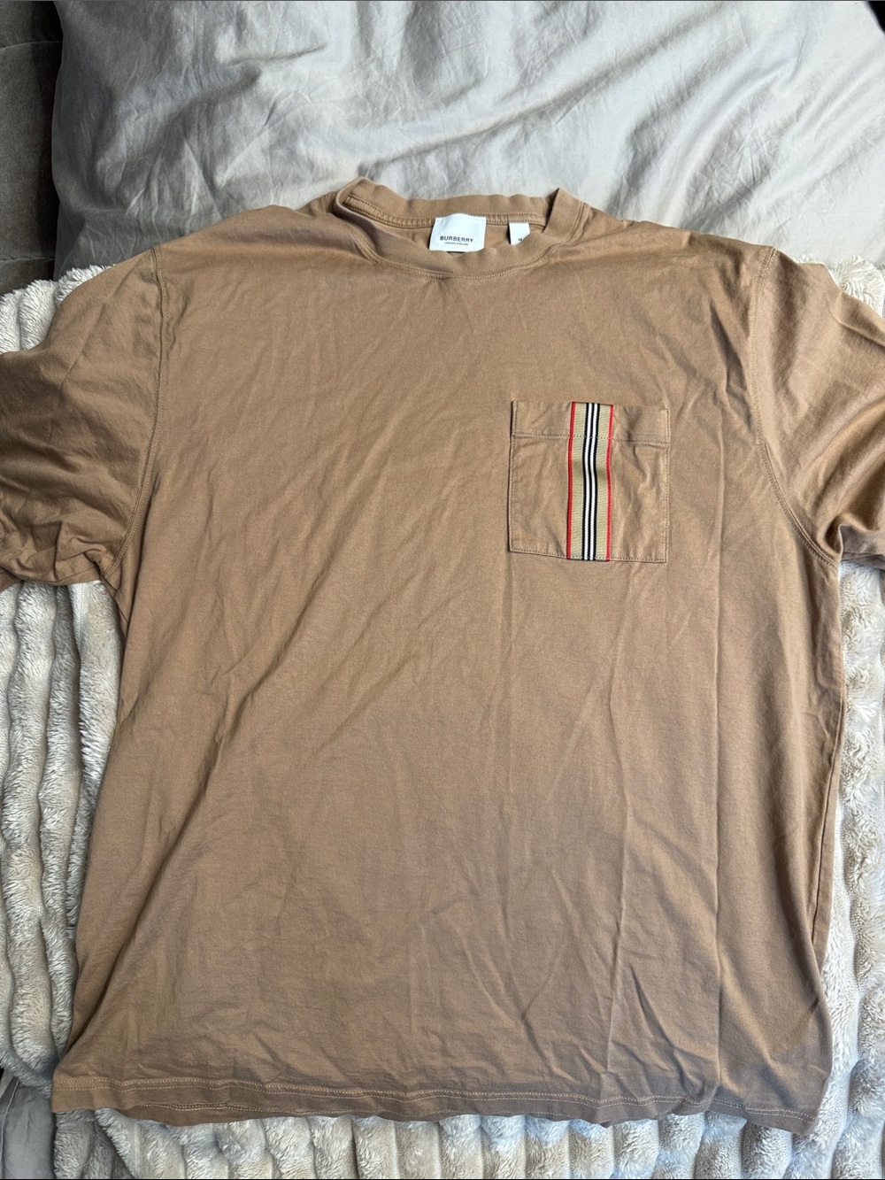 Burberry Tan Short-Sleeve Pocket Tee with Signature Stripe Detail